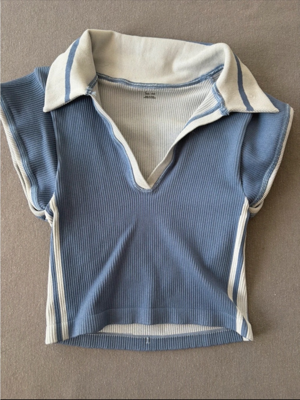 Urban Outfitters Blue & Cream Ribbed V-Neck Polo Crop Top